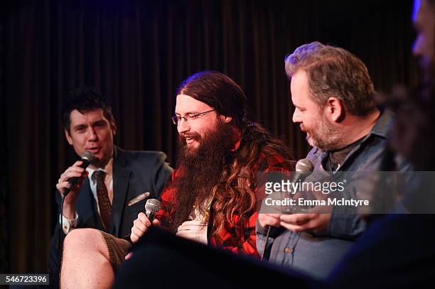 Actor/comedian Jeff B. Davis, Spencer Crittenden, and writer/actor Dan Harmon attend the Seeso original screening of "HarmonQuest" with Dan Harmon at...