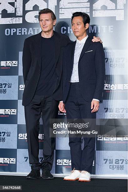 Actors Liam Neeson and Lee Jung-Jae attend the press conference for 'Operation Chromite' on July 13, 2016 in Seoul, South Korea. The film will open...