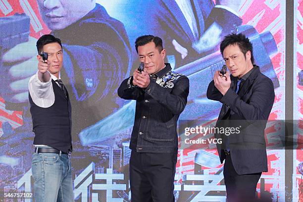 Actor Nick Cheung, actor Louis Koo and singer and actor Francis Ng attend a press conference for movie version "Line Walker" on July 12, 2016 in...