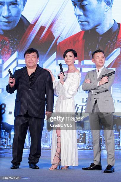 Director and actor Jing Wong, actress Charmaine Sheh and executive producer Jazz Boon attend a press conference for movie version "Line Walker" on...