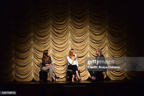 Heather Rae, Sian Heder and Elvis Mitchell attend the Film Independent at LACMA "Tallulah" screening and Q&A at Bing Theatre At LACMA on July 12,...