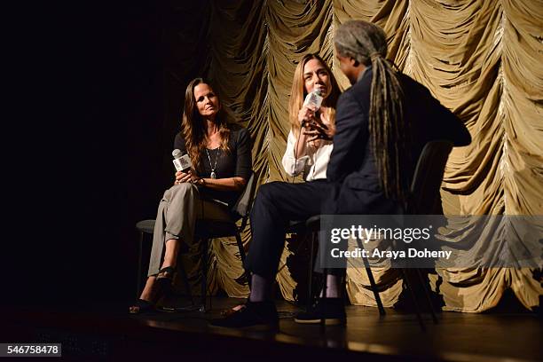 Heather Rae, Sian Heder and Elvis Mitchell attend the Film Independent at LACMA "Tallulah" screening and Q&A at Bing Theatre At LACMA on July 12,...