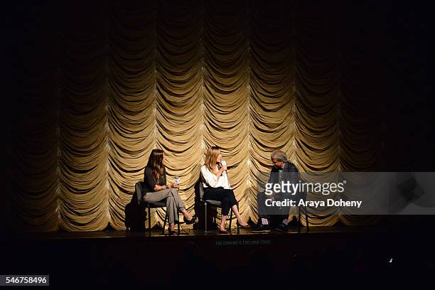 Heather Rae, Sian Heder and Elvis Mitchell attend the Film Independent at LACMA "Tallulah" screening and Q&A at Bing Theatre At LACMA on July 12,...