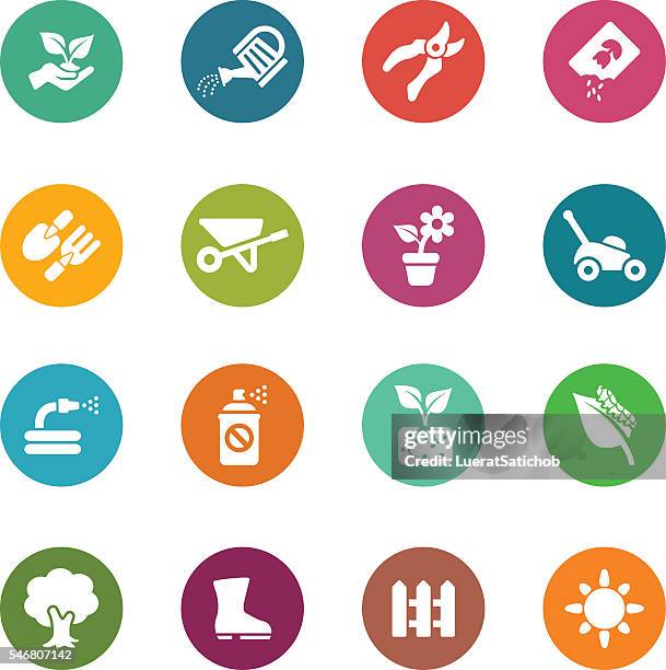 stockillustraties, clipart, cartoons en iconen met gardening circle colour harmony icons | eps10 - kruiwagen