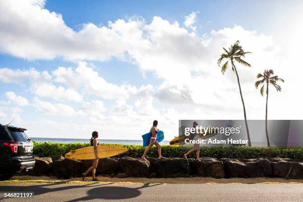 pacific islander surfers carrying surfboards on rock wall - ハワイ諸島 ストックフォトと画像