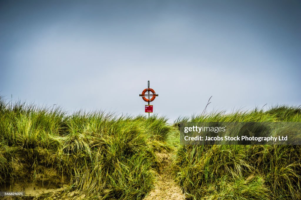 Warning sign over grassy sand dunes on beach