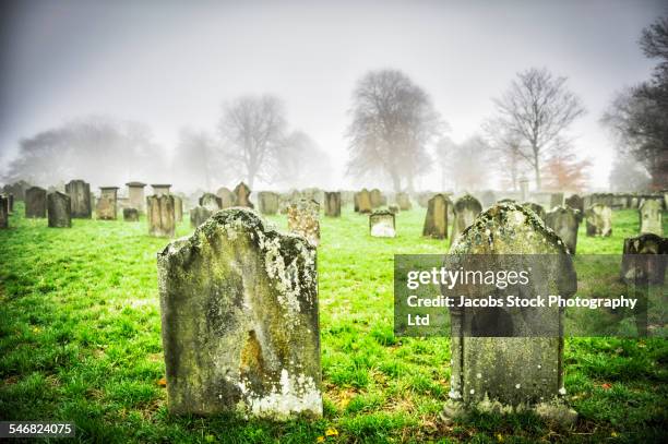 close up of dilapidated gravestones in cemetery - grafsteen stockfoto's en -beelden
