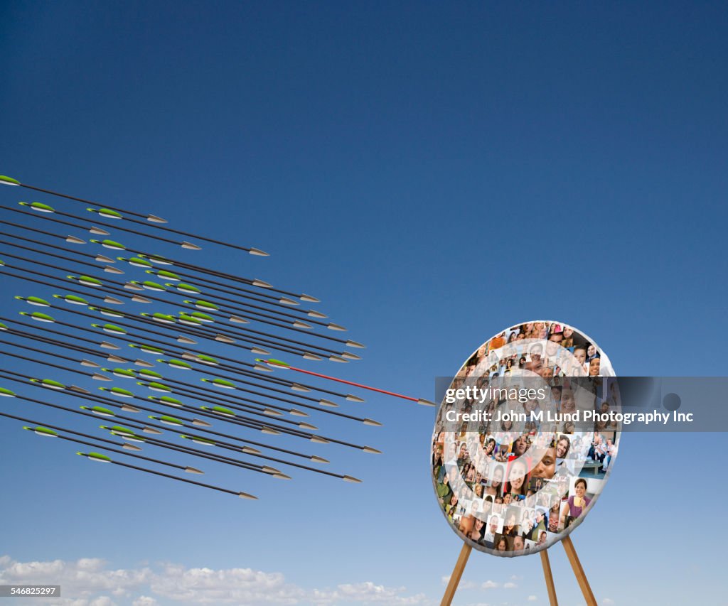 Arrows shooting towards target with faces in blue sky