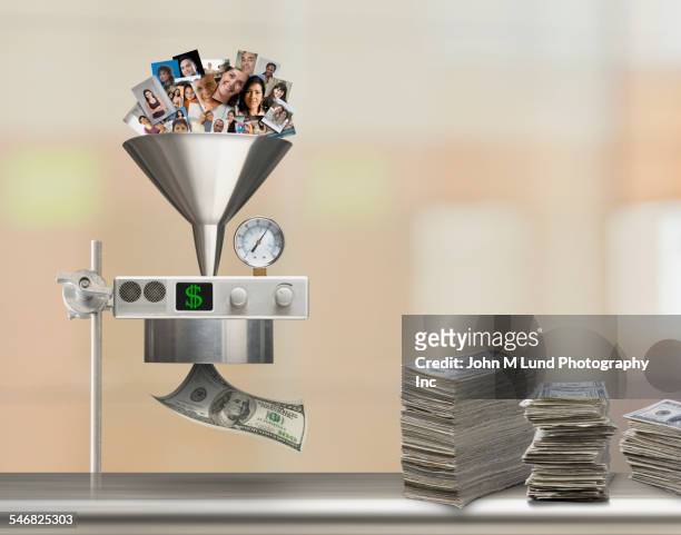 faces funneling through machine making money - fair wages stock pictures, royalty-free photos & images