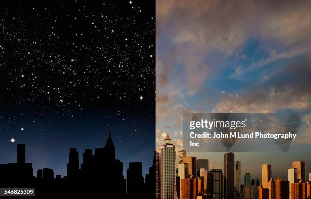 city skyline at night and daytime - tag stock-fotos und bilder
