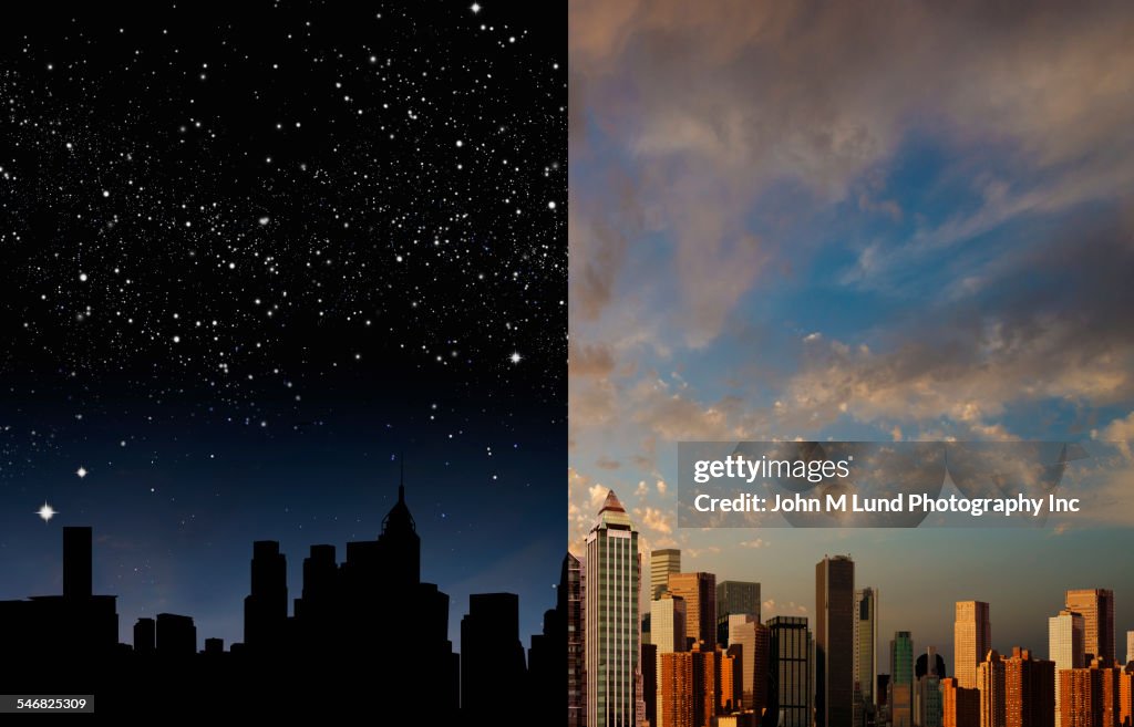 City skyline at night and daytime