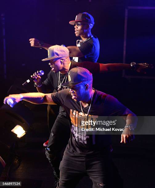 Recording artists Ronnie DeVoe, Ricky Bell, and Michael Bivins of Bell Biv DeVoe perform onstage at the BODY at ESPYS Event on July 12th at Avalon...