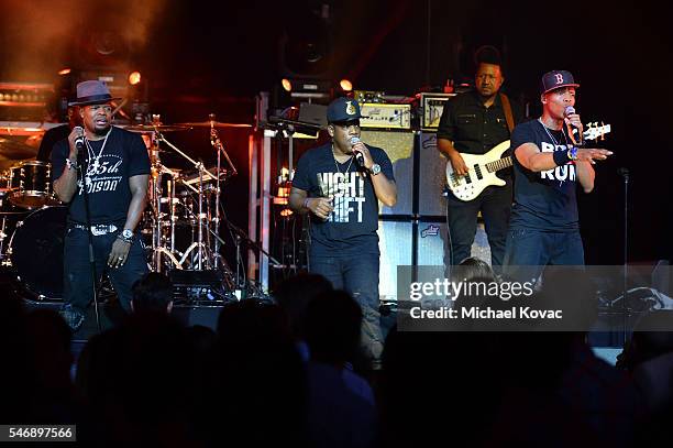 Recording artists Ricky Bell, Michael Bivins, and Ronnie DeVoe of Bell Biv DeVoe perform onstage at the BODY at ESPYS Event on July 12th at Avalon...