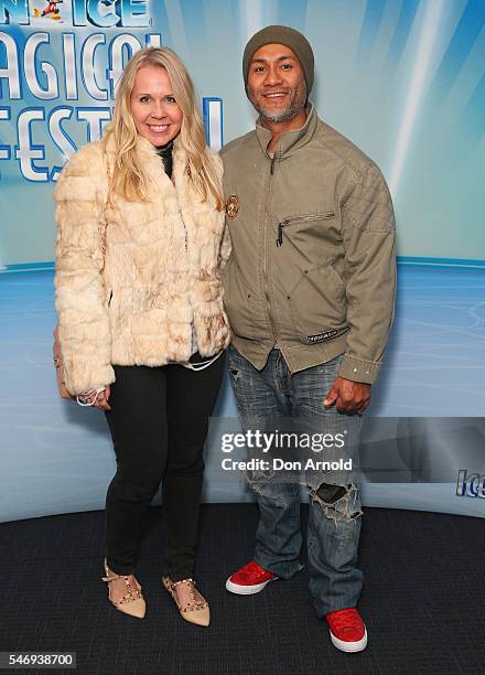 Faye Delanty and Lee Pollini arrive ahead of the Disney On Ice premiere at Qudos Bank Arena on July 13, 2016 in Sydney, Australia.