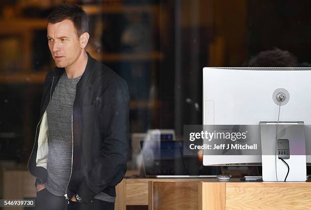 Actors Ewan McGregor stands on the set of the Trainspotting film sequel on Princess Street on July 13, 2016 in Edinburgh, Scotland. The long awaited...