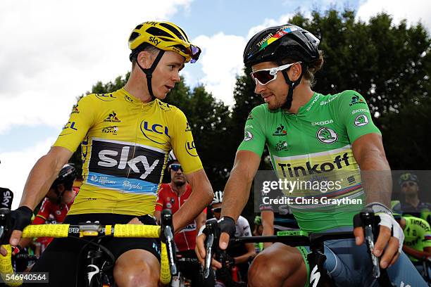 Chris Froome of Great Britain riding for Team Sky and Peter Sagan of Slovakia riding for Tinkoff talk as they prepare for stage eleven of the 2016 Le...