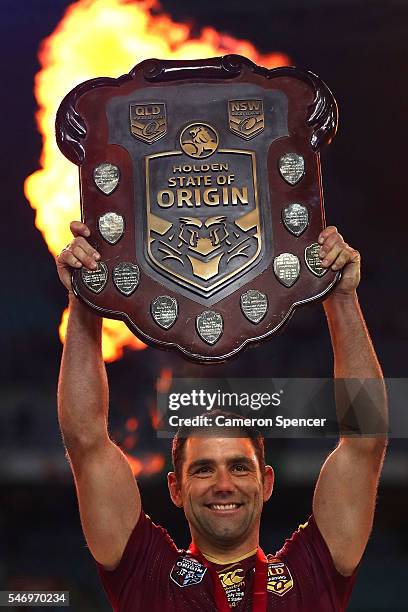 Cameron Smith of the Maroons holds aloft the State of Origin Shield after winning the series 2-1 following game three of the State Of Origin series...