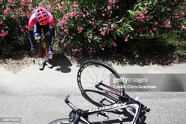 Tsgabu Gebremaryam Grmay of Ethiopia riding for Lampre Merida climbs out of the bushes after crashing on stage eleven of the 2016 Le Tour de France,...