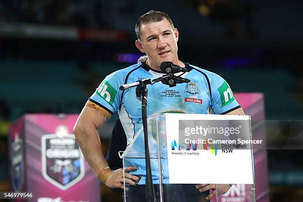 Paul Gallen of the Blues addresses the crowd after game three of the State Of Origin series between the New South Wales Blues and the Queensland...