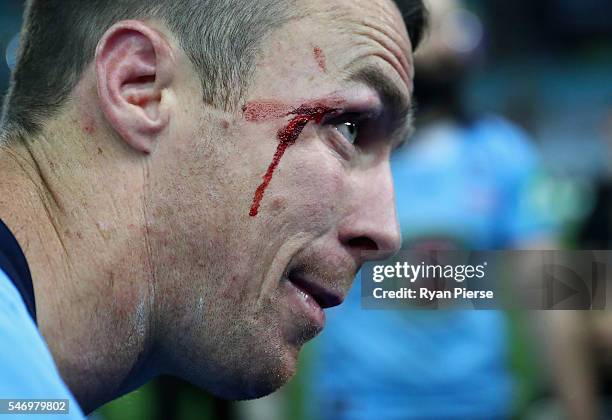 James Maloney of the Blues looks on after game three of the State Of Origin series between the New South Wales Blues and the Queensland Maroons at...