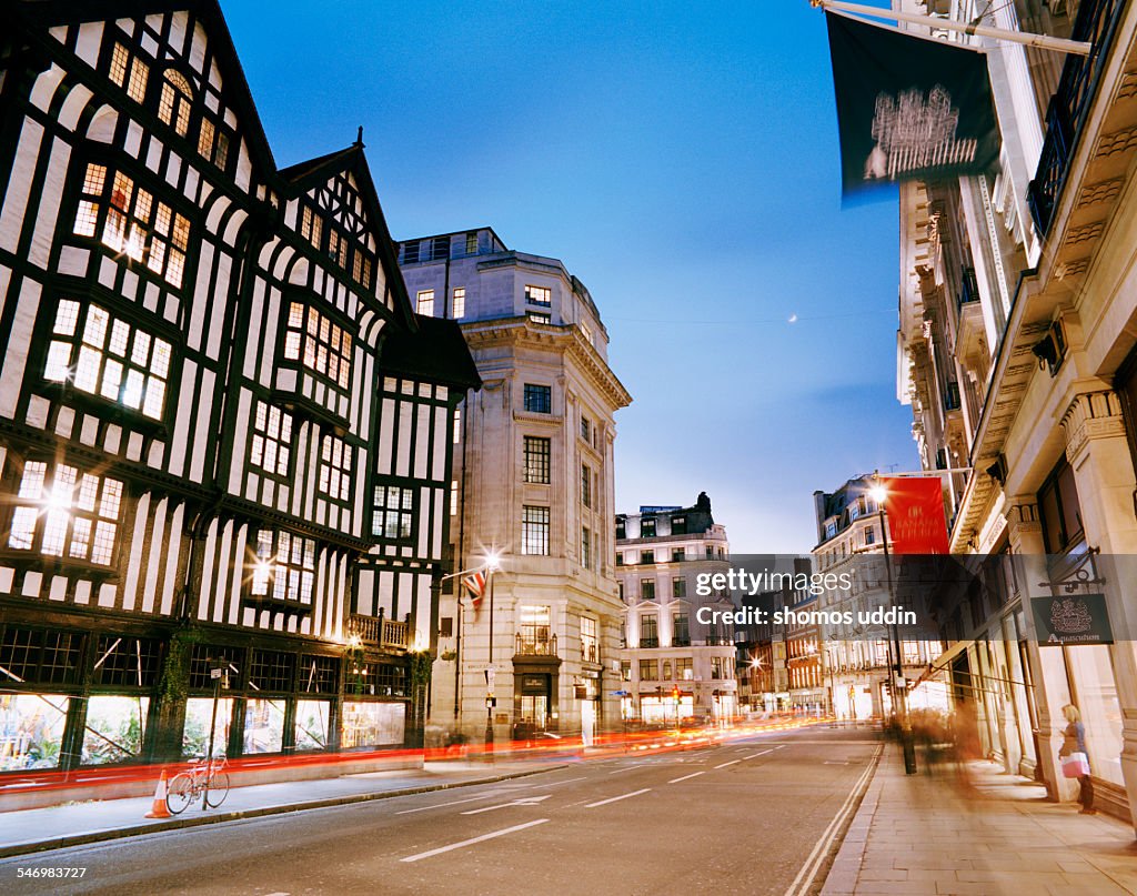 Shopping streets of London at dusk