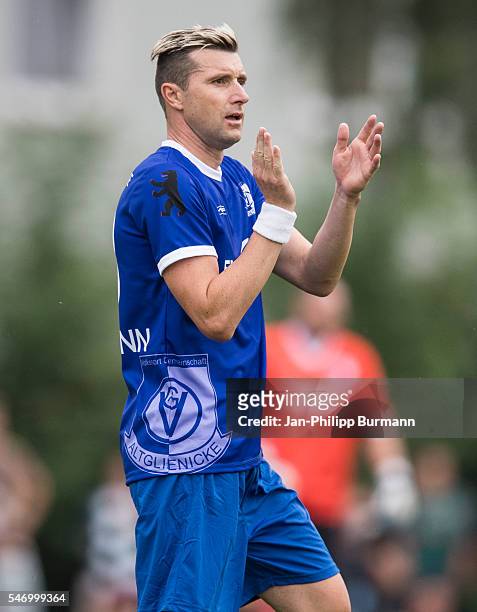 Bjoern Brunnemann of VSG Altglienicke applauds during the test match between VSG Altglienicke and Werder Bremen on July 12, 2016 in Berlin, Germany.