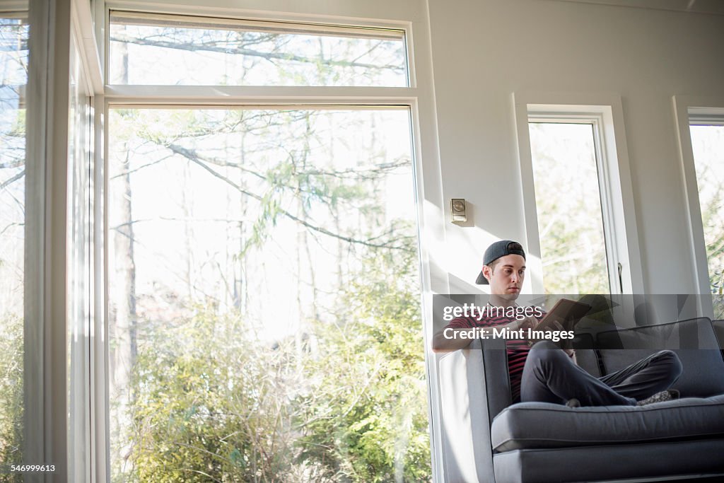 Man wearing a baseball cap backwards, sitting on a sofa, looking at a digital tablet.