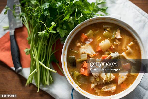 a bowl of vegetable stew and a bunch of fresh herbs on a table. - vegetable soup stockfoto's en -beelden
