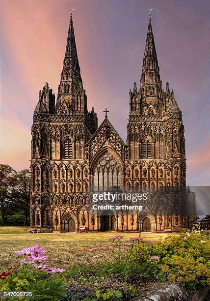 uk, england, staffordshire, west front of lichfield cathedral - cathedral ストックフォトと画像