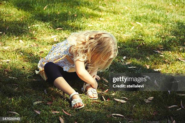 little girl tying shoes - girl sandals stock pictures, royalty-free photos & images