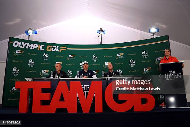 Captain of Great Britain's Olympic golf team, Jamie Spence, Justin Rose of England and Team GB's Deputy Chef de Mission Mike Hay attend a British...