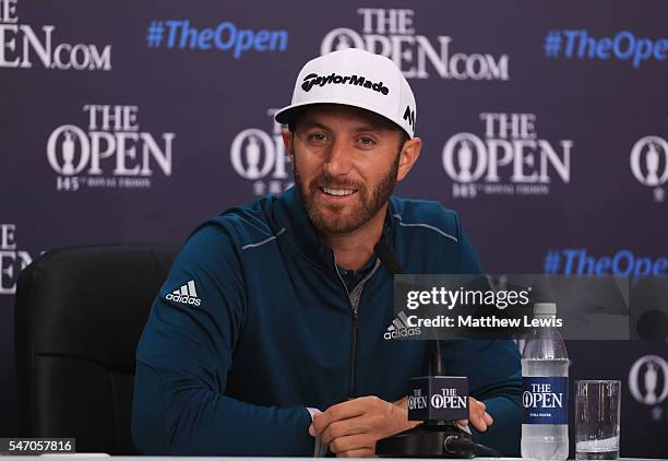 Dustin Johnson of the United States speaks at a press conference during previews ahead of the 145th Open Championship at Royal Troon on July 13, 2016...