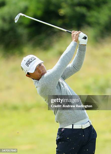 Satoshi Kodaira of Japan hits a shot during a practice round ahead of the 145th Open Championship at Royal Troon on July 13, 2016 in Troon, Scotland.