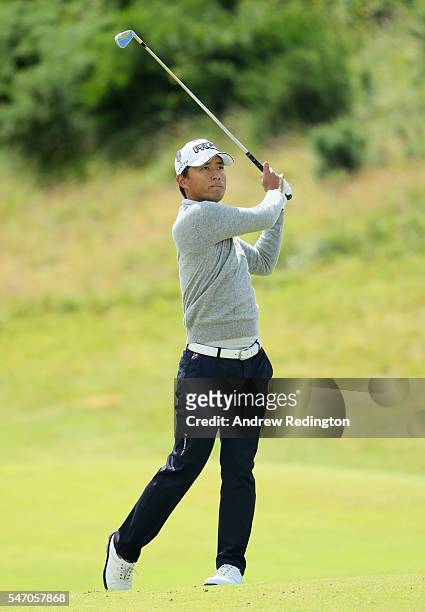 Satoshi Kodaira of Japan hits a shot during a practice round ahead of the 145th Open Championship at Royal Troon on July 13, 2016 in Troon, Scotland.