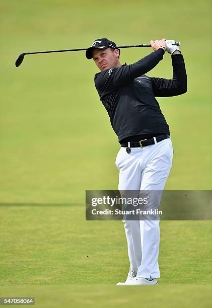 Danny Willett of England hits a shot during a practice round ahead of the 145th Open Championship at Royal Troon on July 13, 2016 in Troon, Scotland.