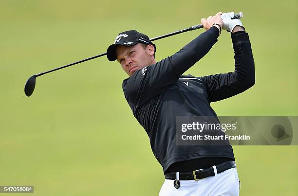 Danny Willett of England hits a shot during a practice round ahead of the 145th Open Championship at Royal Troon on July 13, 2016 in Troon, Scotland.