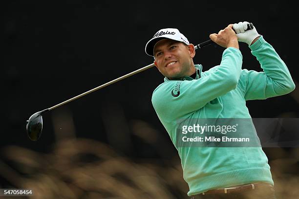 Bill Haas of the United States hits a shot during a practice round ahead of the 145th Open Championship at Royal Troon on July 13, 2016 in Troon,...