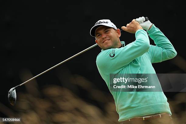 Bill Haas of the United States hits a shot during a practice round ahead of the 145th Open Championship at Royal Troon on July 13, 2016 in Troon,...