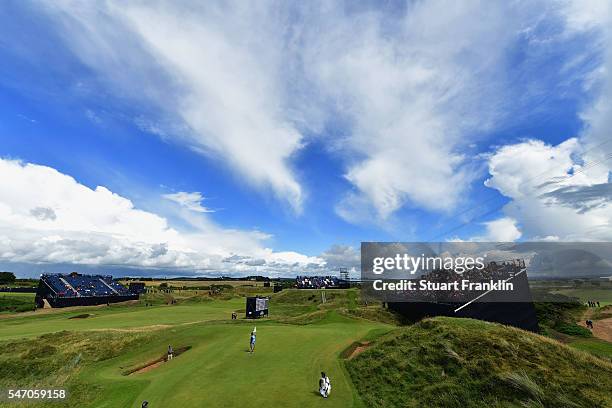 Matt Kuchar of the United States hits a bunker shot during a practice round ahead of the 145th Open Championship at Royal Troon on July 13, 2016 in...