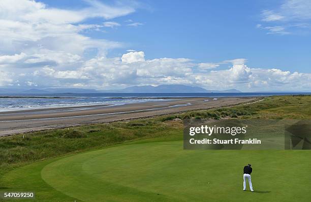 Danny Willett of England hits putts on the 5th during a practice round ahead of the 145th Open Championship at Royal Troon on July 13, 2016 in Troon,...