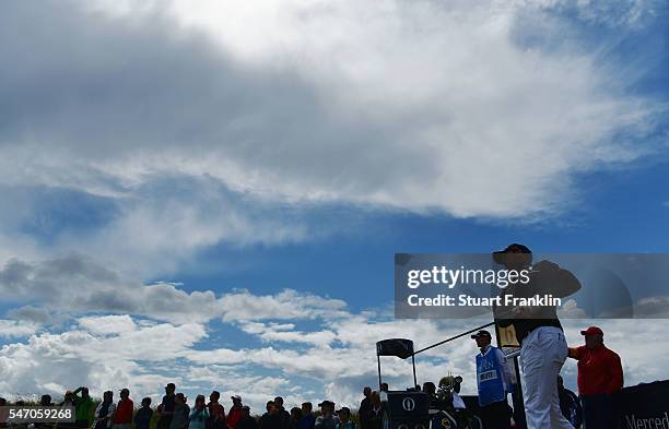 Danny Willett of England hits a tee shot during a practice round ahead of the 145th Open Championship at Royal Troon on July 13, 2016 in Troon,...