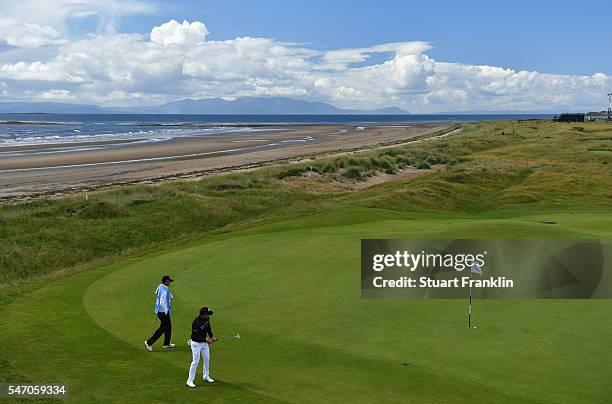 Danny Willett of England putts on the 5th during a practice round ahead of the 145th Open Championship at Royal Troon on July 13, 2016 in Troon,...