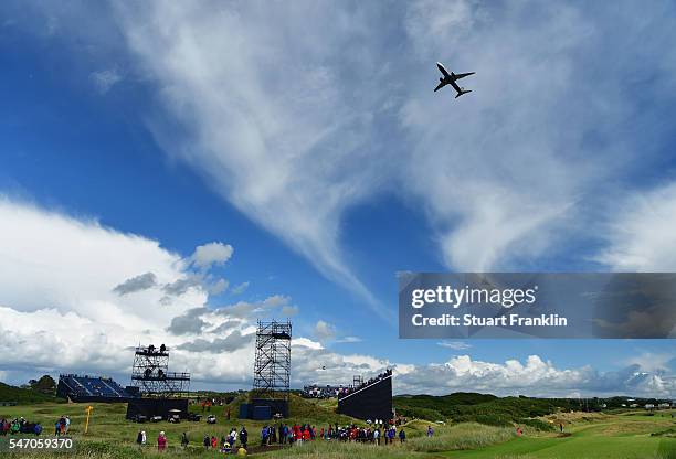 Plane flies overhead during previews ahead of the 145th Open Championship at Royal Troon on July 13, 2016 in Troon, Scotland.