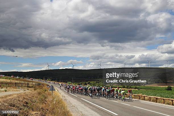 The Tinkoff team lead the peloton during stage eleven of the 2016 Le Tour de France, a 162.5 km stage from Carcassone to Montpellier on July 13, 2016...