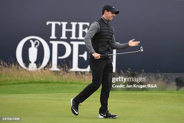 Rory McIlroy of Northern Ireland reacts during previews to the 145th Open Championship at Royal Troon on July 13, 2016 in Troon, Scotland.