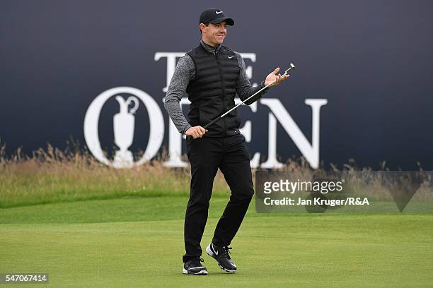 Rory McIlroy of Northern Ireland reacts during previews to the 145th Open Championship at Royal Troon on July 13, 2016 in Troon, Scotland.
