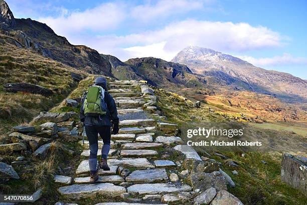 hiker climbing snowdon by the pyg tack. - welsh hills stock pictures, royalty-free photos & images