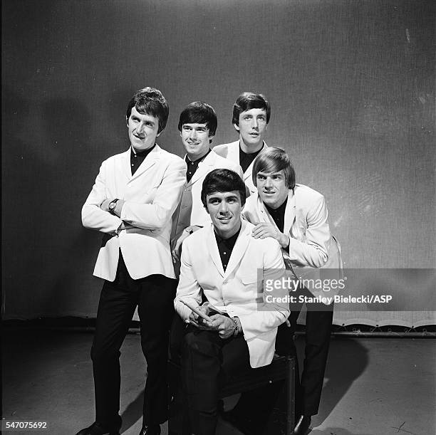 The Dave Clark Five, group portrait on the set of TV show Thank Your Lucky Stars, 1965. L-R Rick Huxley, Denis Payton, Dave Clark , Mike Smith, Lenny...