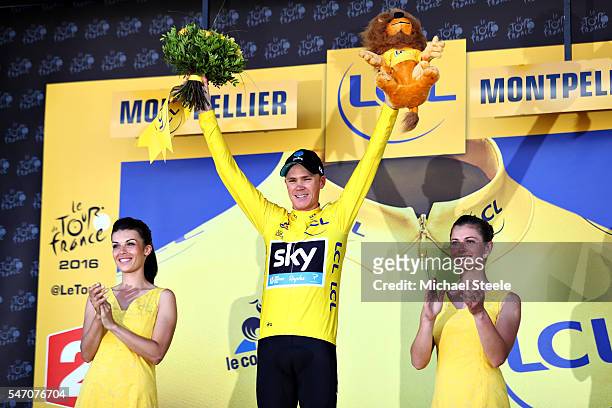 Chris Froome of Great Britain riding for Team Sky retains the yellow leaders jersey on the podium after completing stage eleven of the 2016 Le Tour...