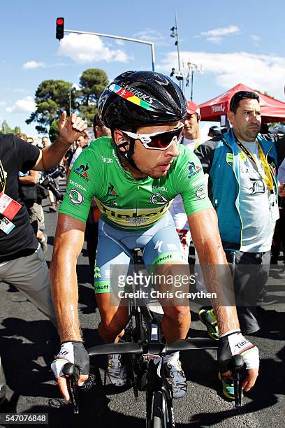 Stage winner Peter Sagan of Slovakia riding for Tinkoff rides through the crowds at the end of stage eleven of the 2016 Le Tour de France, a 162.5 km...